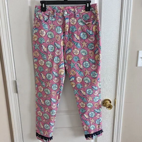 Simply Southern Seashells Pink Jeans with Fringe Sz M - Picture 2 of 8